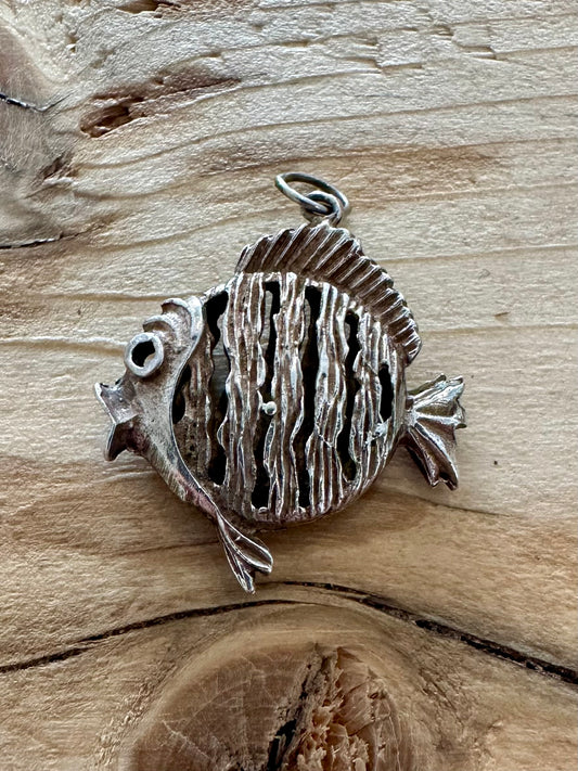 Vintage Large Textured Fish 925 Silver Pendant