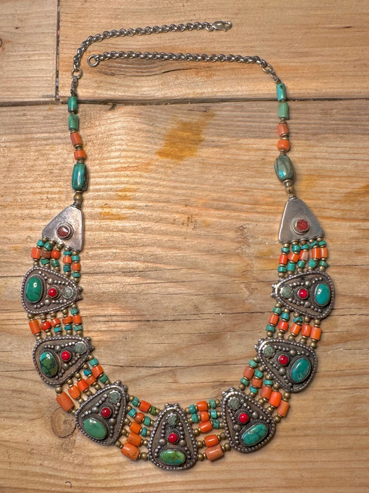 Vintage Tibetan Ornate Coral and Turquoise 925 Sterling Silver 22 inch Necklace