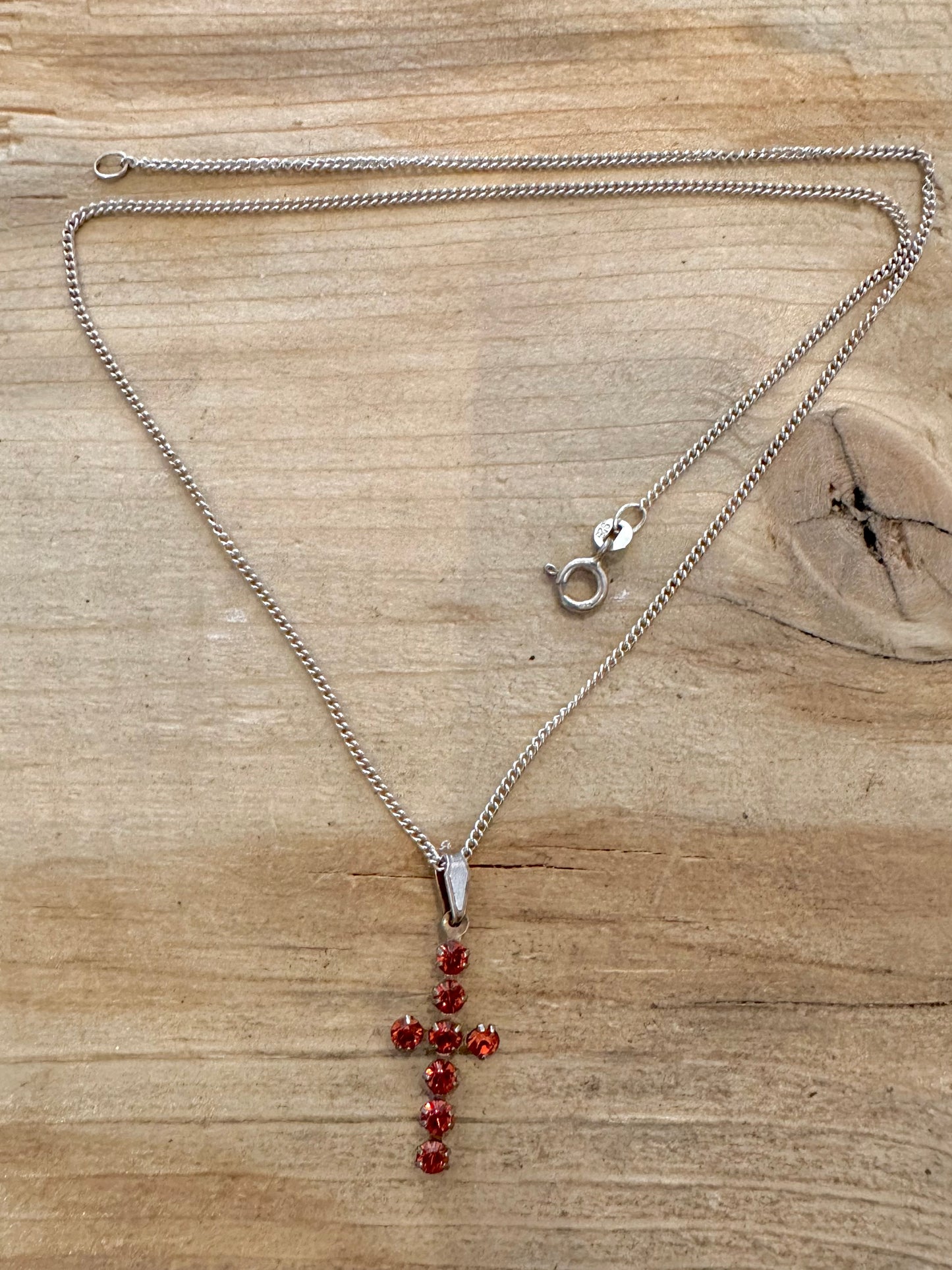 Vintage Red Stone Cross Curb Chain 925 Silver 16 inch Necklace