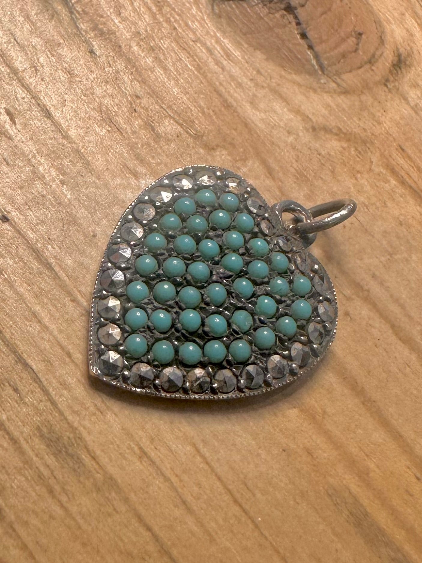 Victorian Turquoise and White Stone Heart 925 Silver Pendant