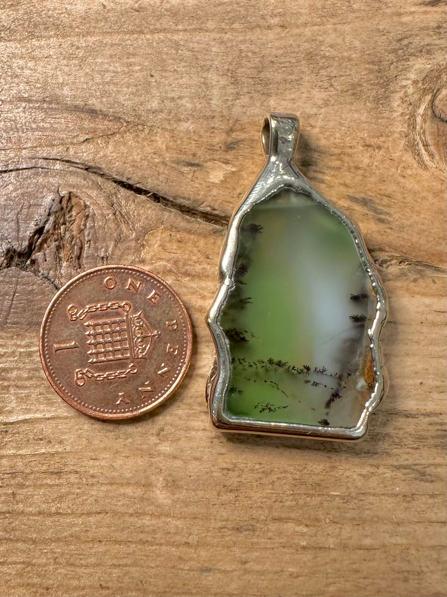 Handmade Green Dendritic Agate 925 Silver Gold Pendant