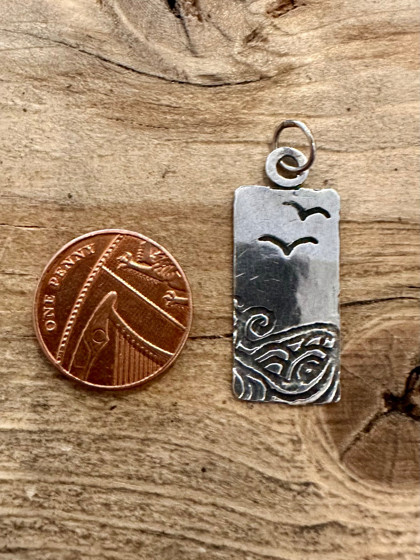 Vintage Engraved Birds and Sea Rectangle Hallmarked 925 Silver Pendant