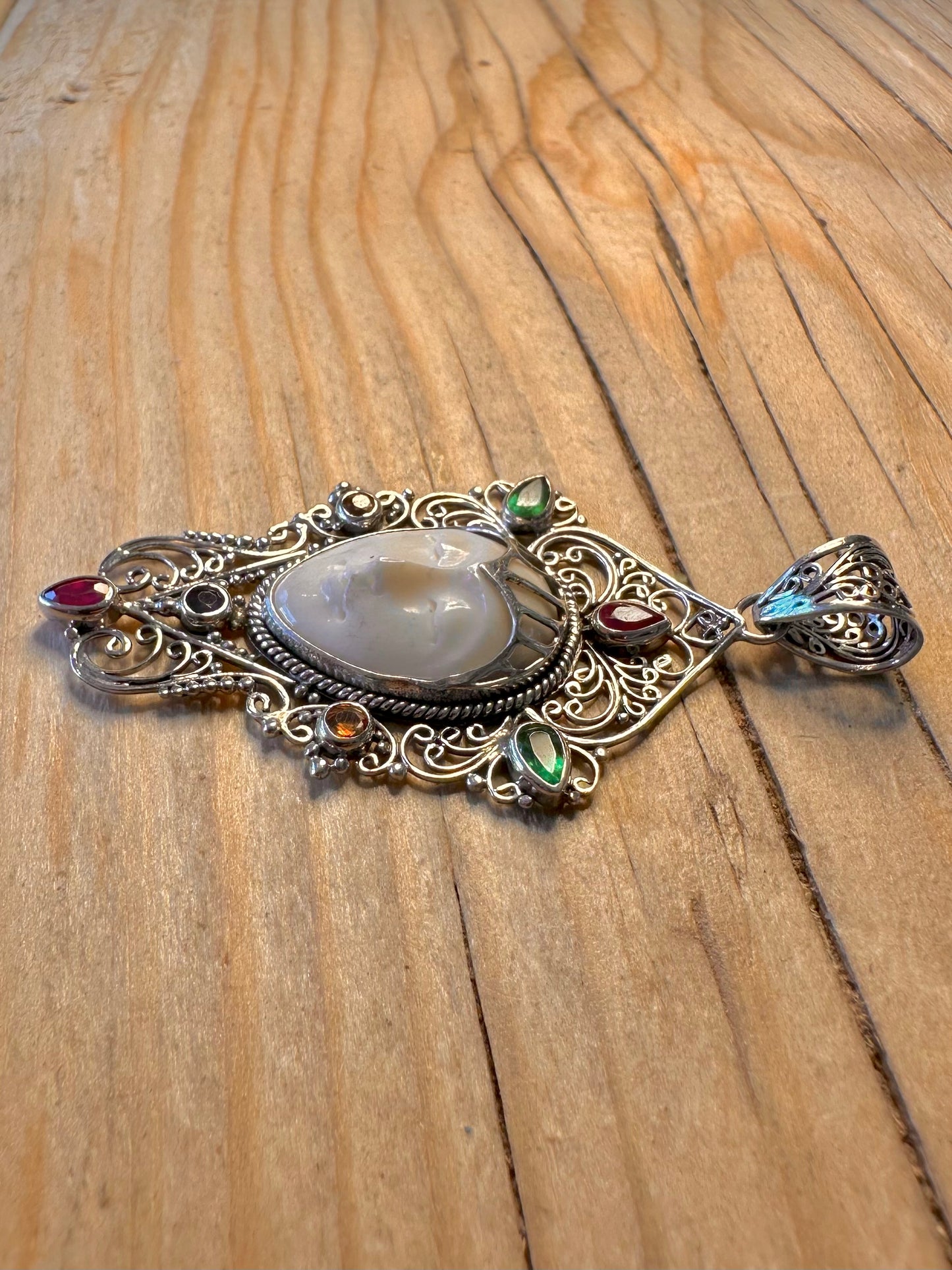 Vintage Women Face Multi Gemstone 925 Silver Pendant