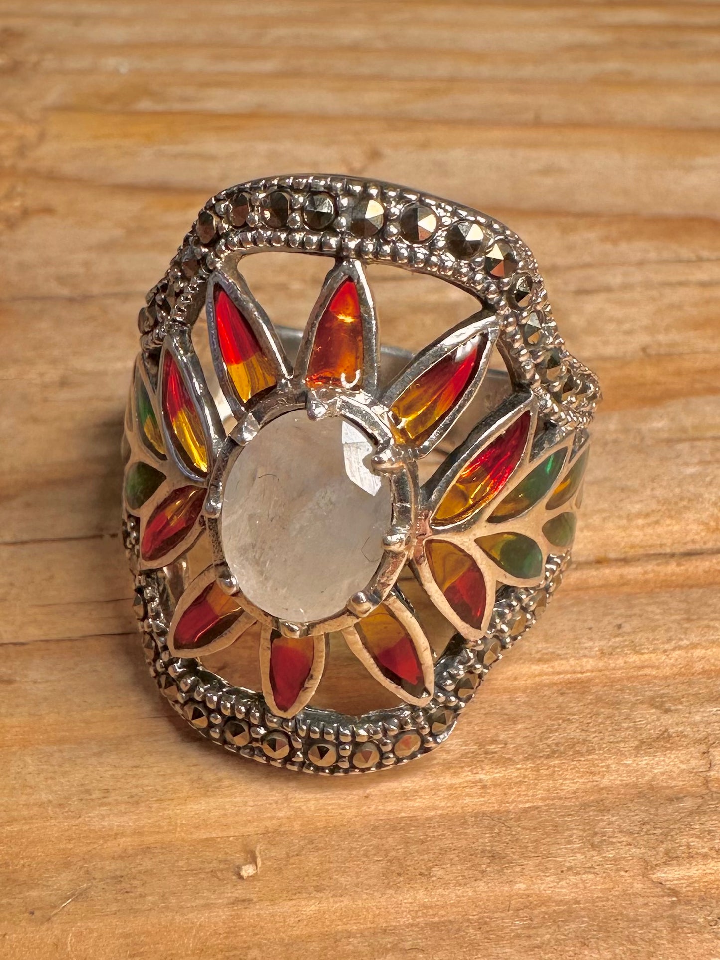 Vintage Moonstone Multi Coloured Stones and Marcasite Floral 925 Sterling Silver Size R Ring