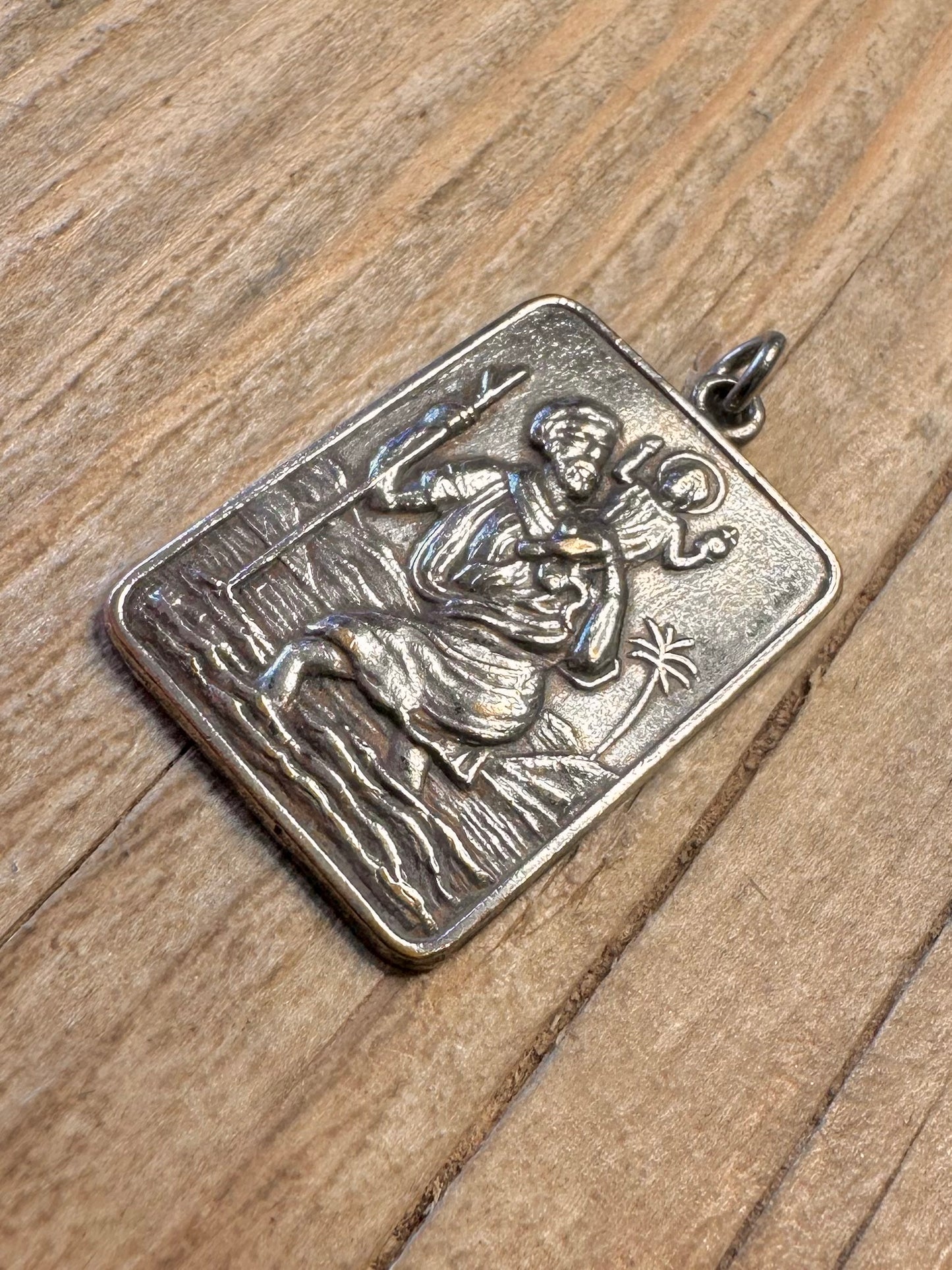 Vintage St Christopher Large Rectangle 925 Sterling Silver Pendant