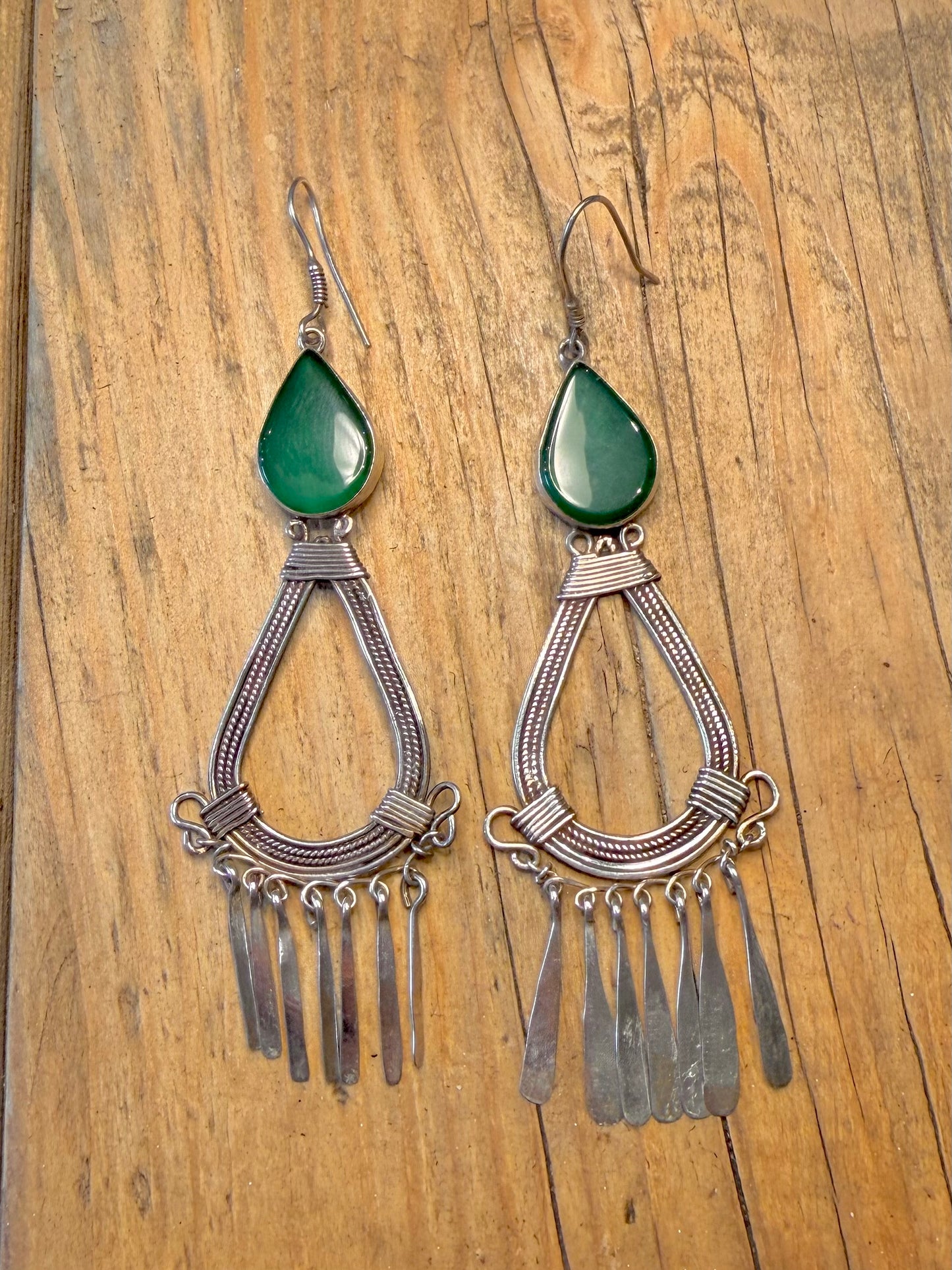 Large Handmade Chrysoprase Intricate Filigree Dangle 925 Sterling Silver Earrings