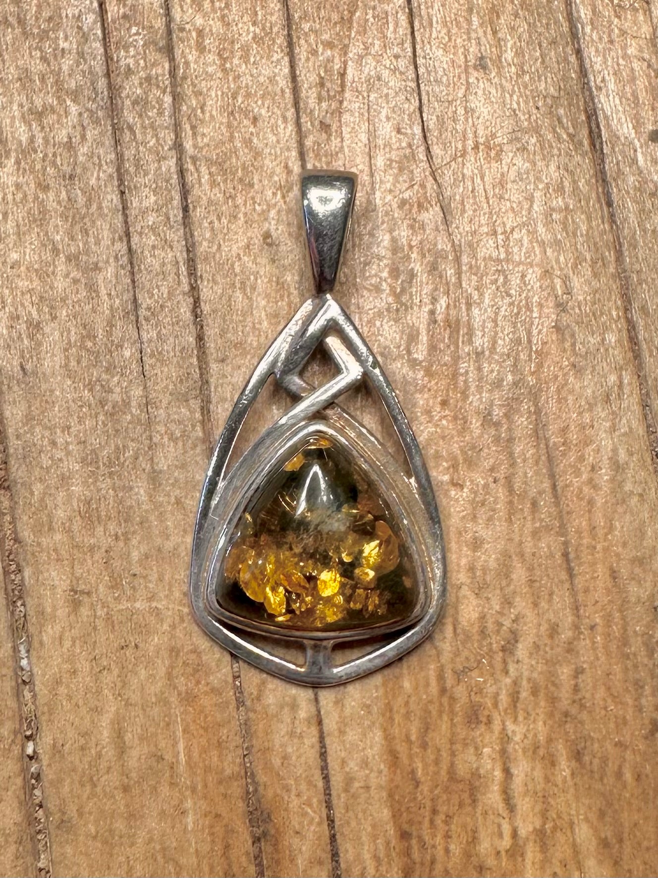 Vintage Amber Abstract Triangle Shaped 925 Sterling Silver Pendant