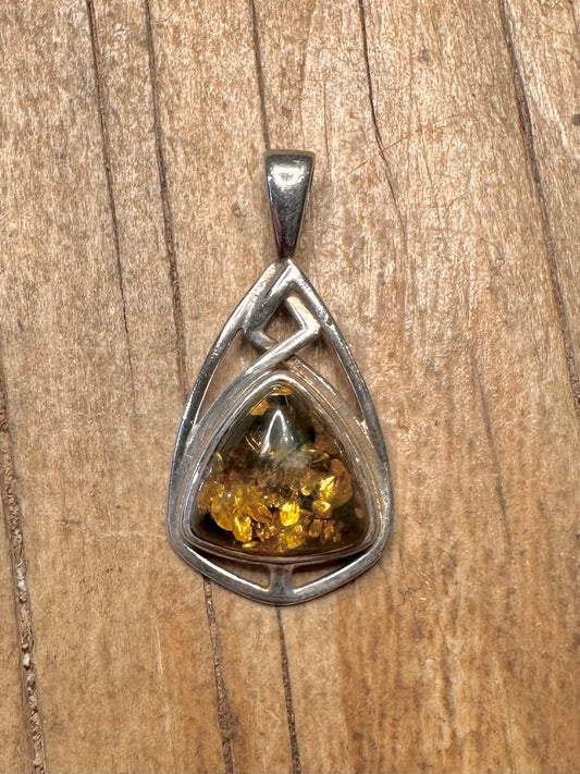 Vintage Amber Abstract Triangle Shaped 925 Sterling Silver Pendant
