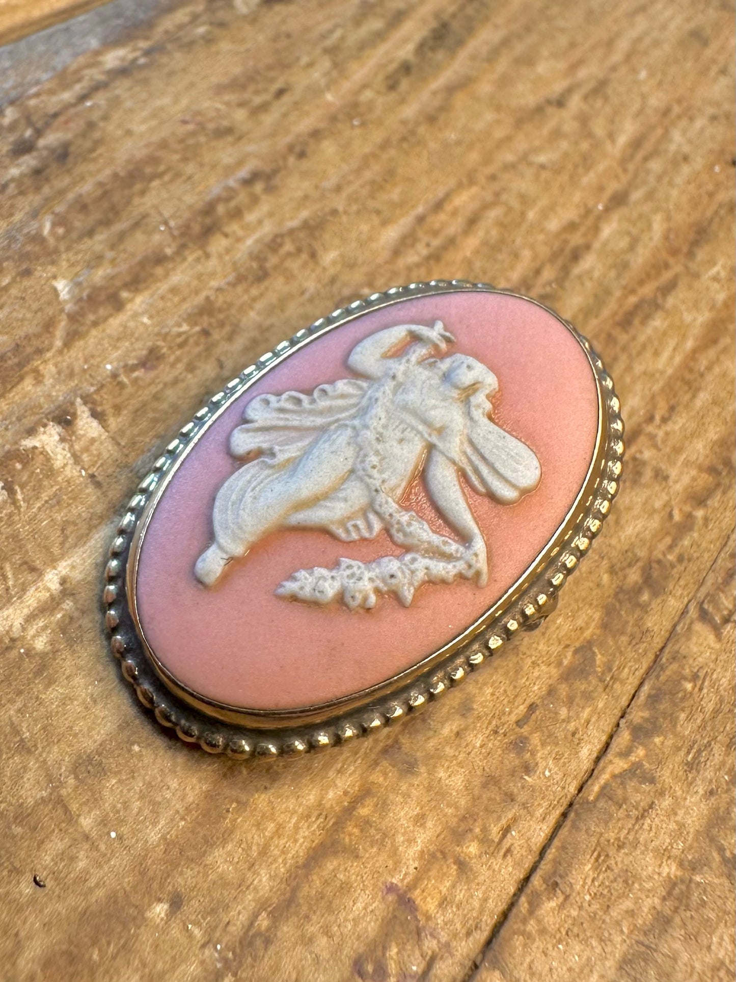 Wedgwood Pink Cameo Made in England Gold on Silver Brooch
