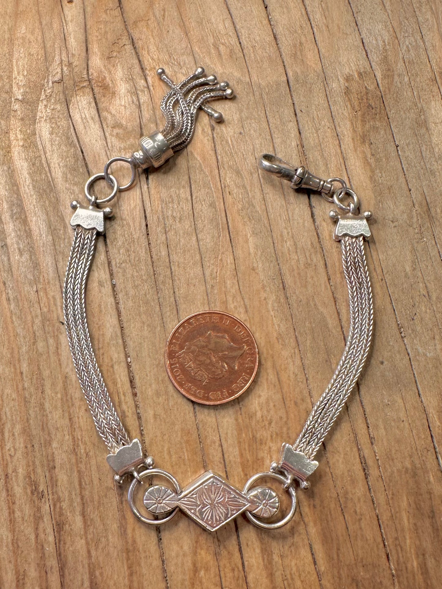 Vintage Albertina-Armband im viktorianischen Stil, gewebte Stränge, Albert-Verschluss mit Quaste, 925er Sterlingsilber, 19 bis 19,8 cm