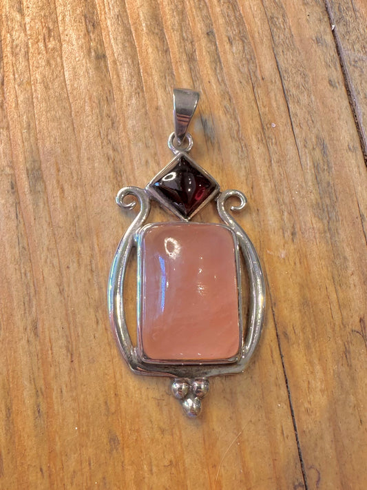 Rose Quarts and Garnet 925 Sterling Silver Pendant