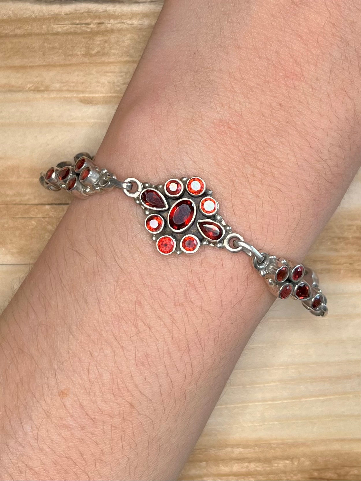 Garnet Flower Design 925 Sterling Silver 7.5 to 8.5 inch Bracelet