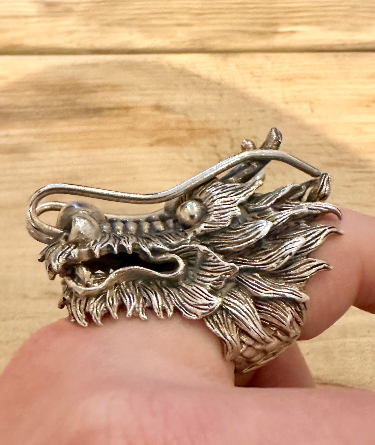 Vintage Ancient Chinese Dragon Head Solid 925 Silver Size S Ring