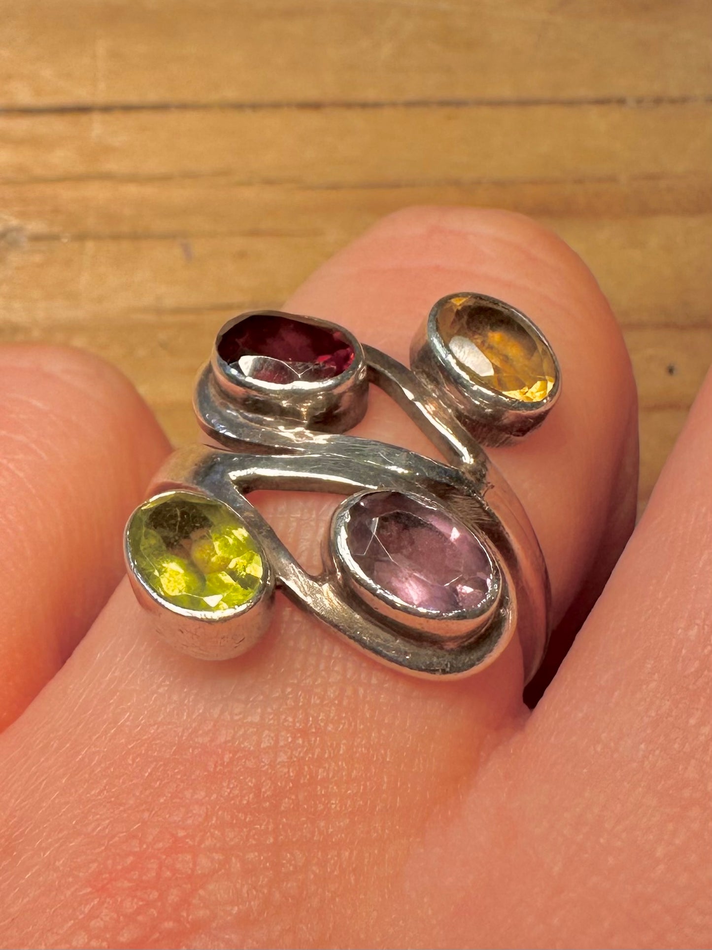 Abstract Multi Gemstone 925 Sterling Silver Size Q Ring