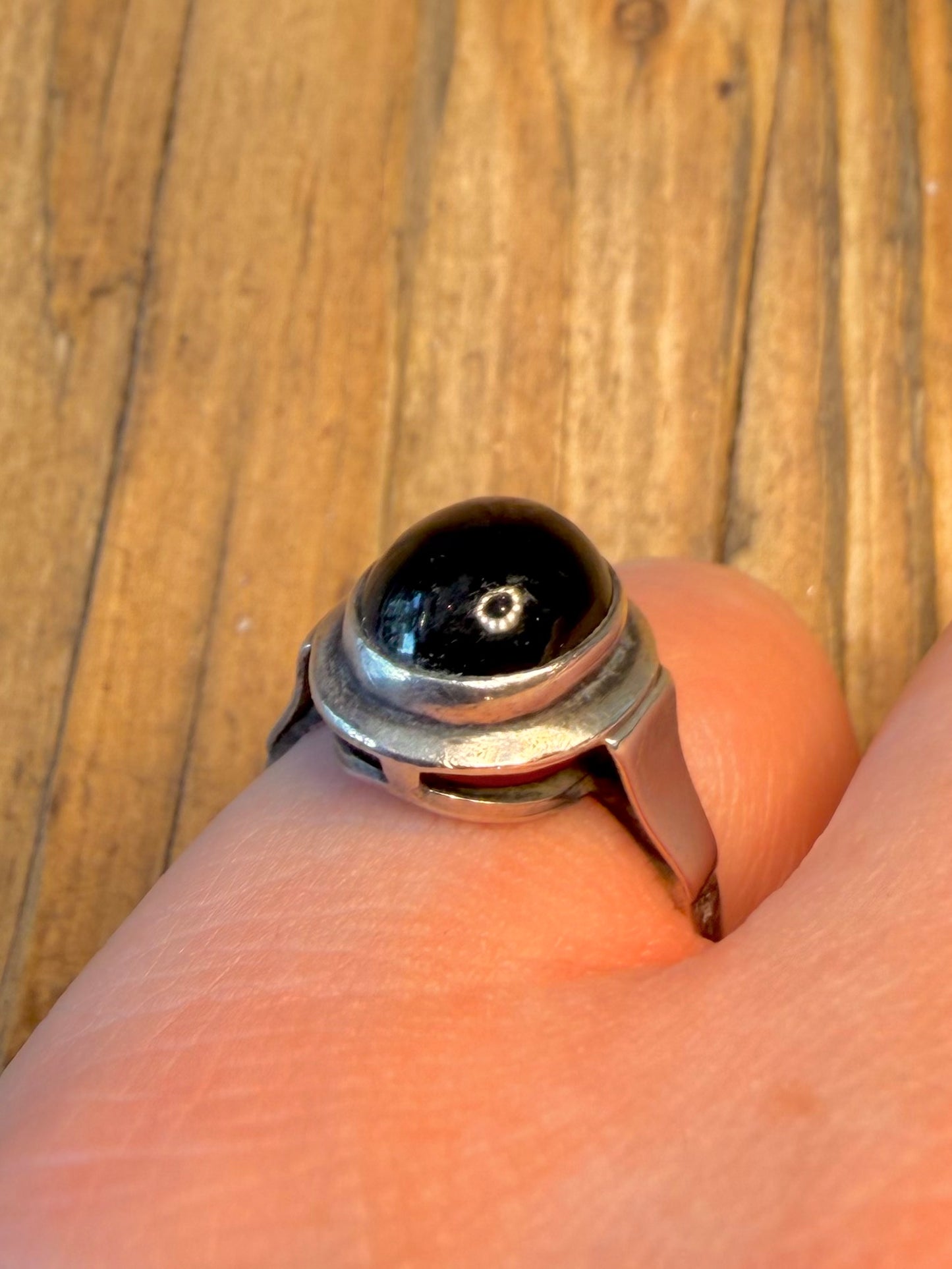 Black Oval Stone 925 Sterling Silver Size N Ring