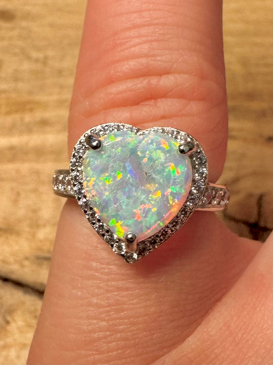 Modern Opal Heart CZ Stone 925 Silver Size J Ring