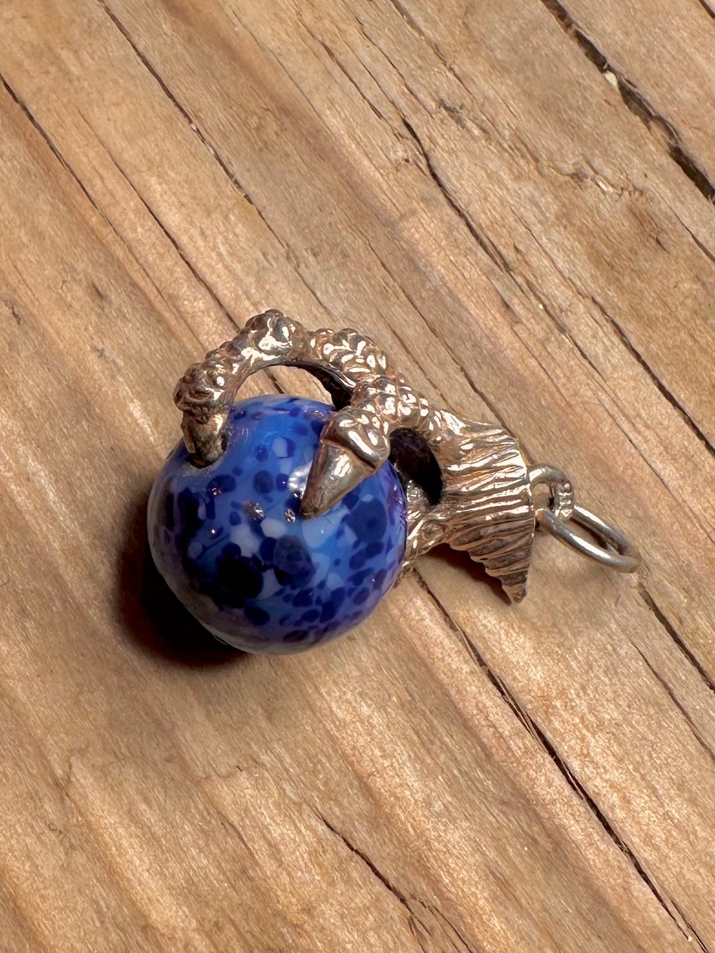 Vintage Claw Textured Blue and White Ball 925 Sterling Silver Charm Pendant