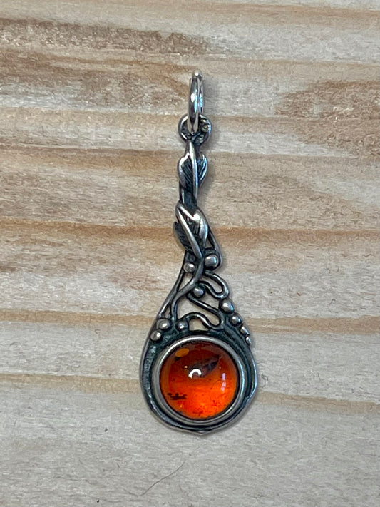 Amber Long Leaf 925 Sterling Silver Pendant