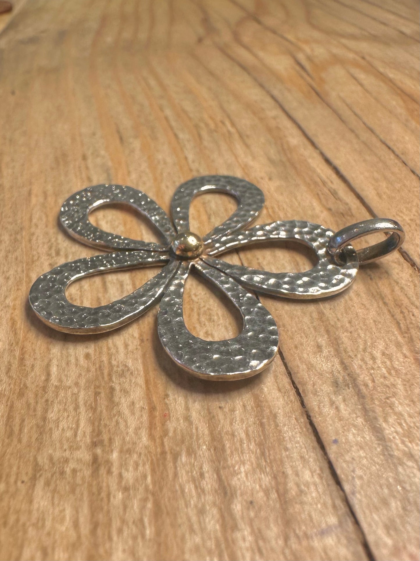 Abstract Hammered Flower Gold Plated Centre 925 Sterling Silver Pendant