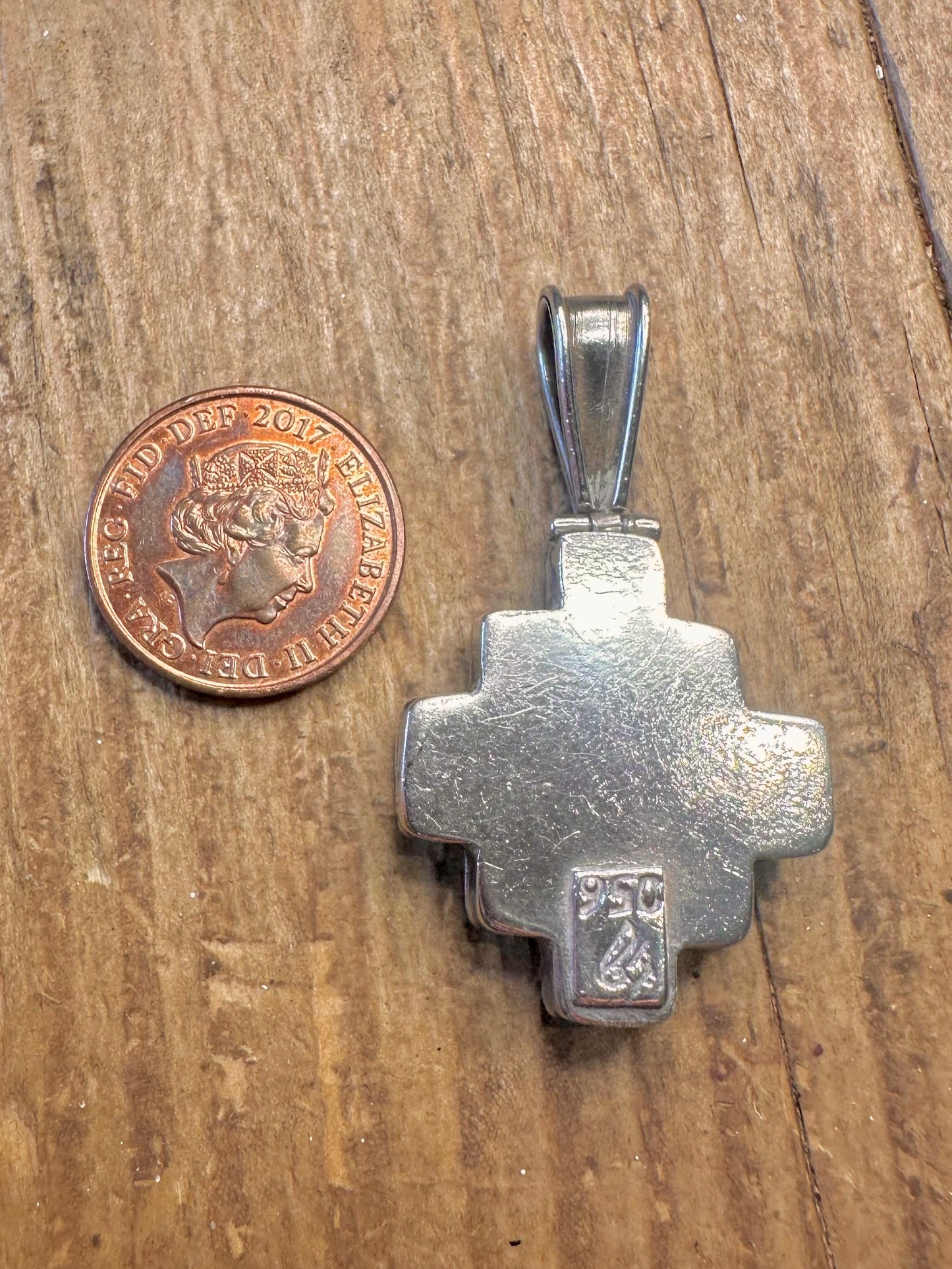 Unique Coral and Lapis Cross 950 Silver Pendant