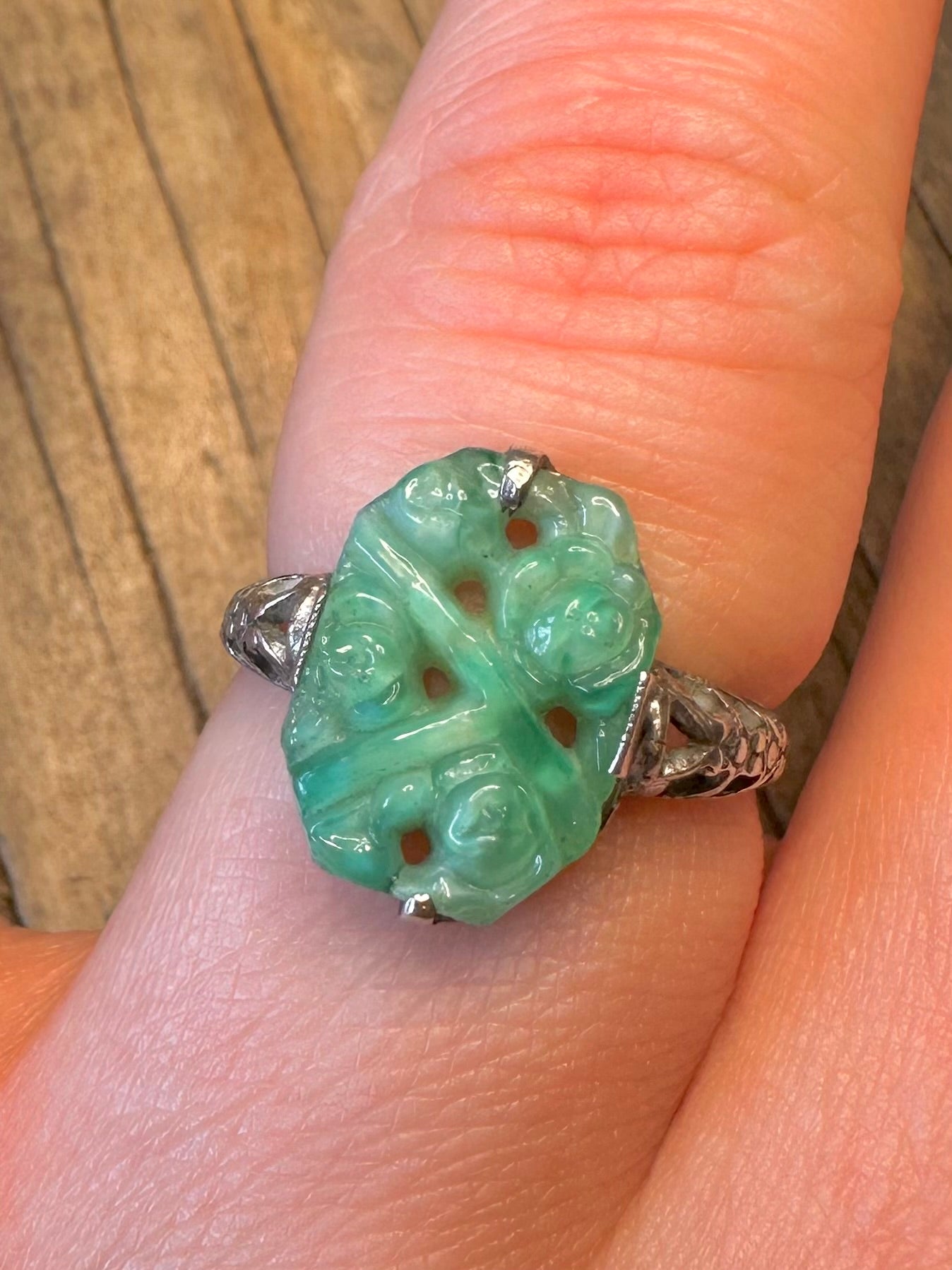 Carved Jadeite Thomas L Mott Art Deco 925 Sterling Silver England Size O Ring