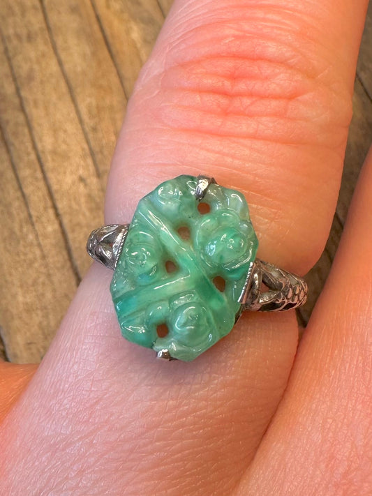 Geschnitzter Jadeit Thomas L Mott Art Déco 925 Sterling Silber England Größe O Ring