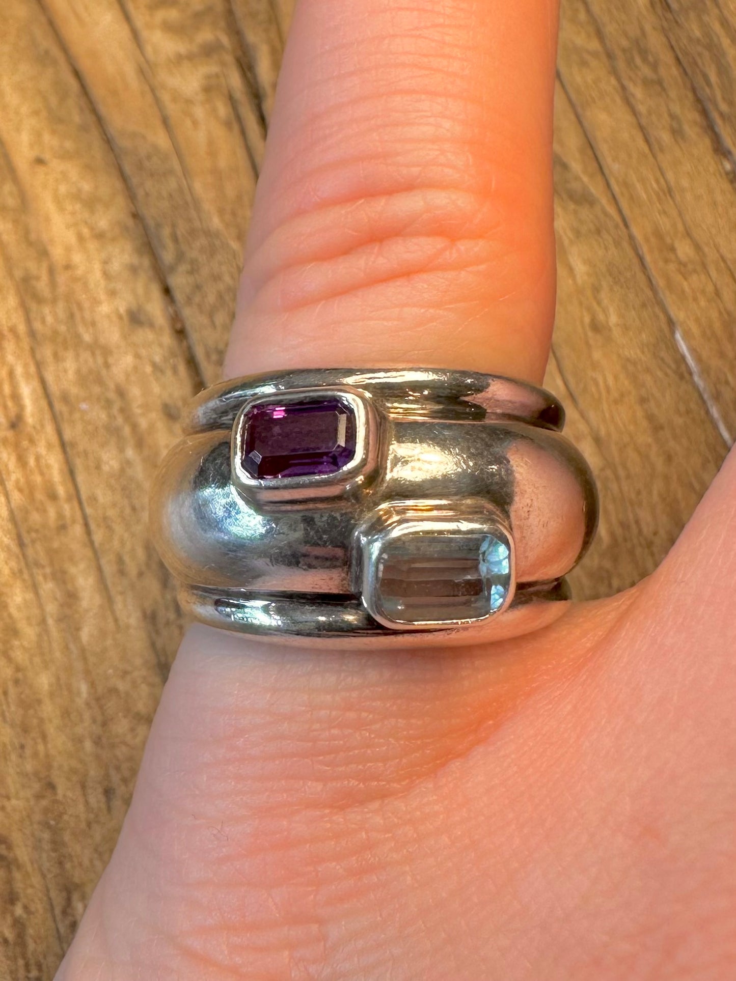 Amethyst and Blue Topaz Chunky Dome 925 Sterling Silver Size N Ring