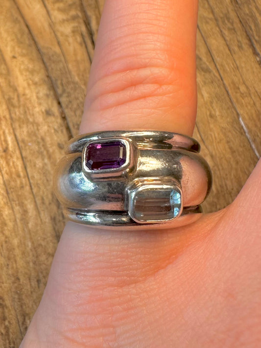 Amethyst and Blue Topaz Chunky Dome 925 Sterling Silver Size N Ring