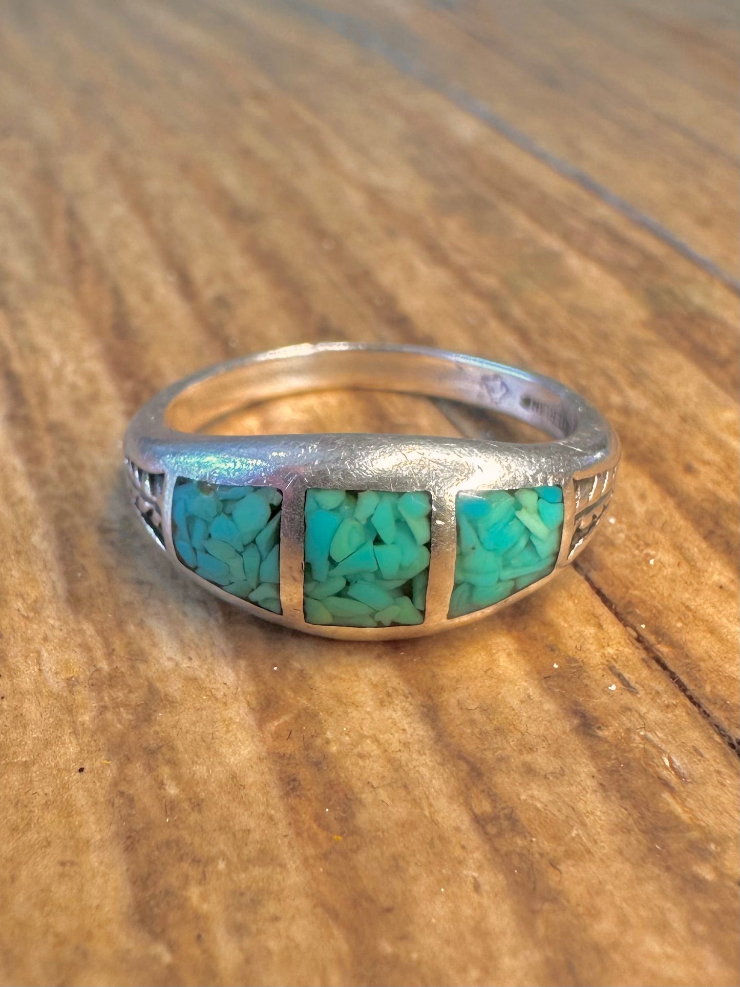 Southwestern Turquoise Inlay Leaf Design 925 Sterling Silver Size L Ring
