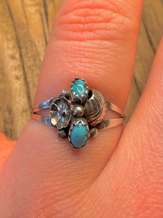 Vintage Navajo Türkis Blumen 925 Sterlingsilber Ring Größe 58