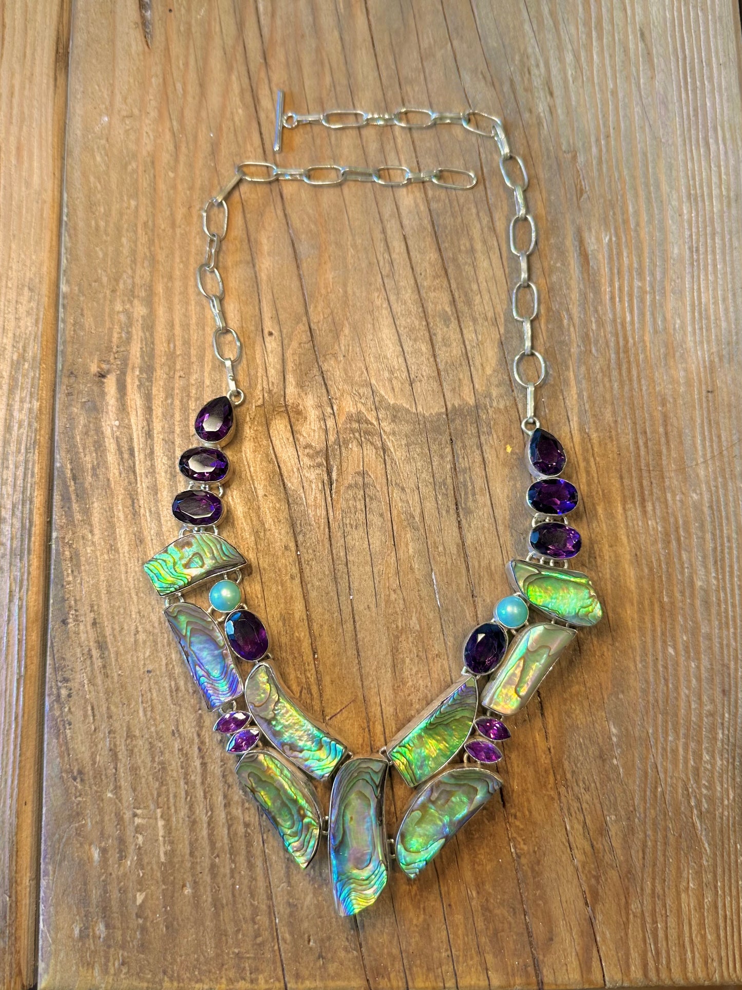 Abalone Amethyst and Pearl Large T Bar 925 Sterling Silver 20 inch Necklace