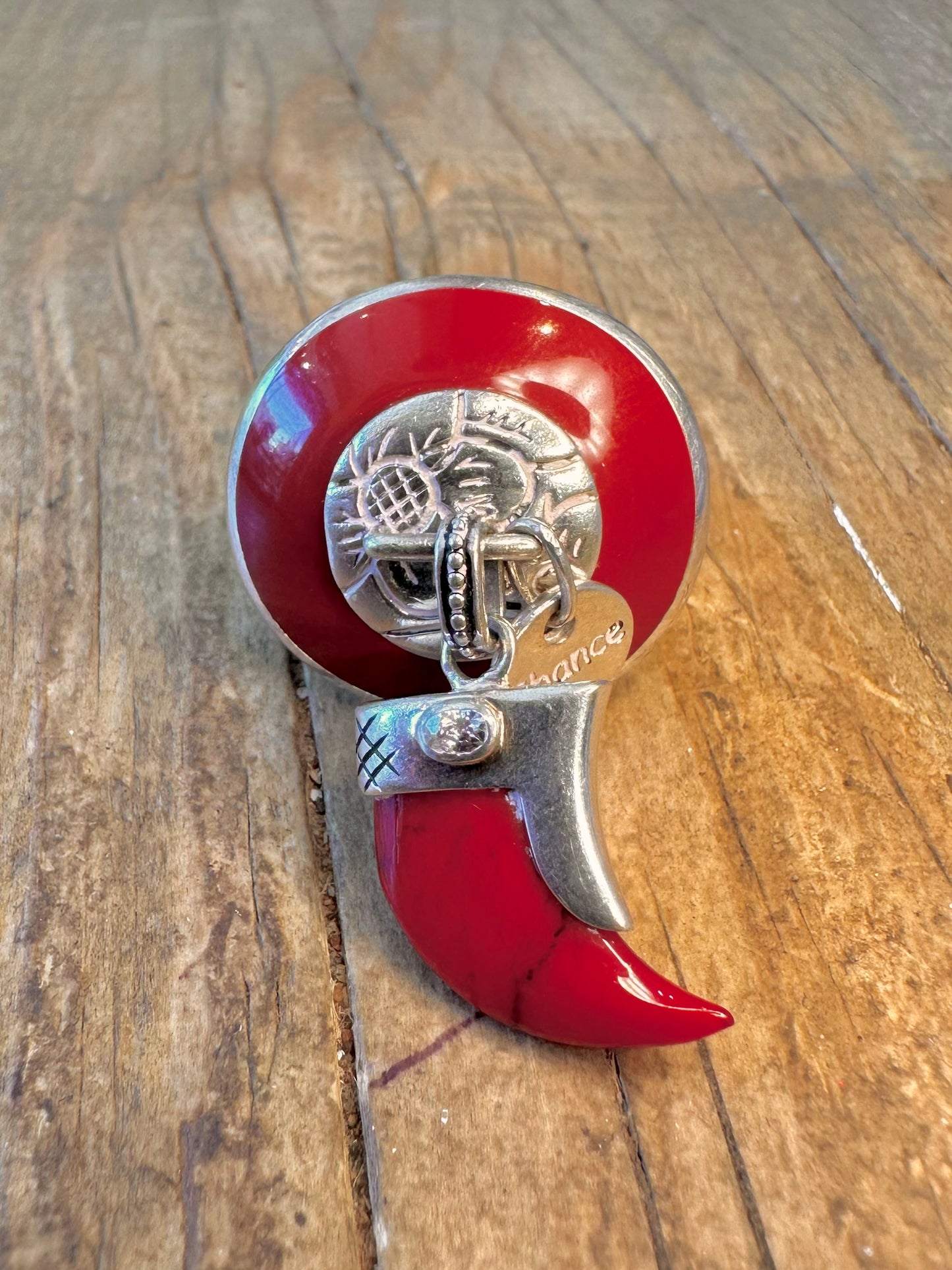Chunky Red Horn Charm Ring 925 Sterling Silver Size O1/2 Ring