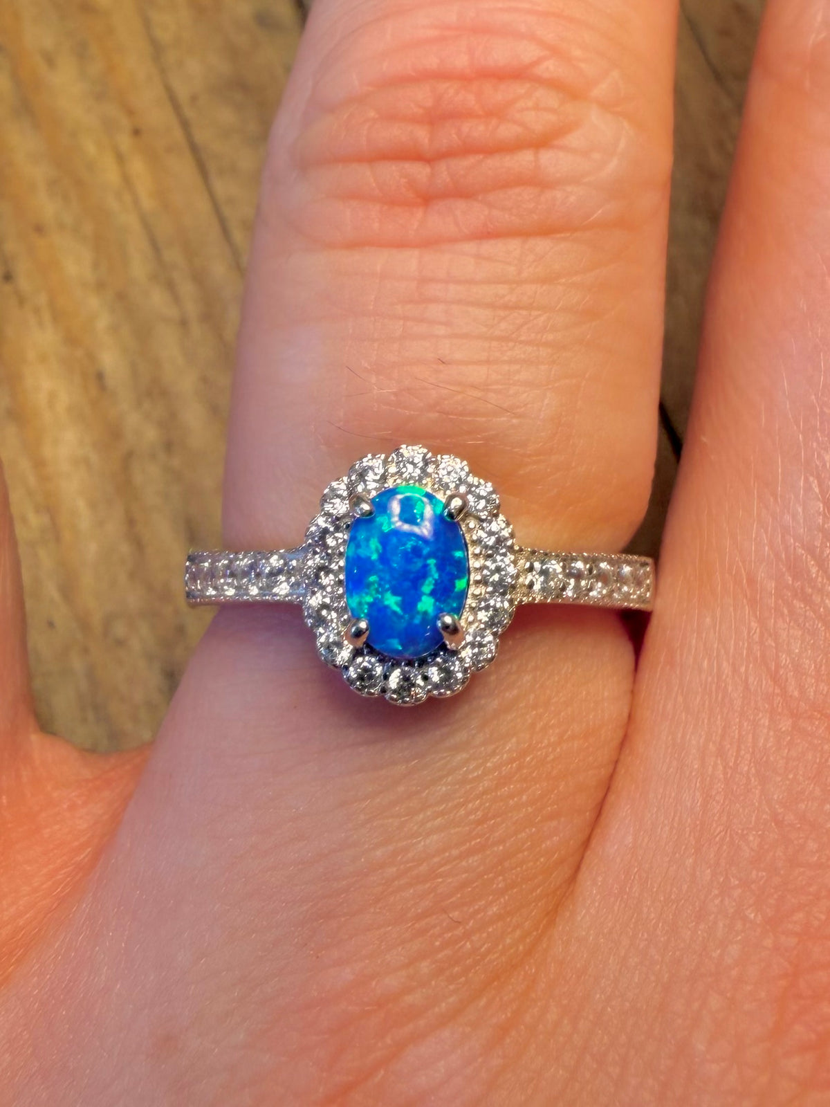 Blue Opal and White CZ 925 Sterling Silver Size Q Ring