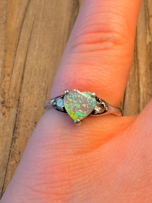Opal Heart and CZ 925 Sterling Silver Size N Ring