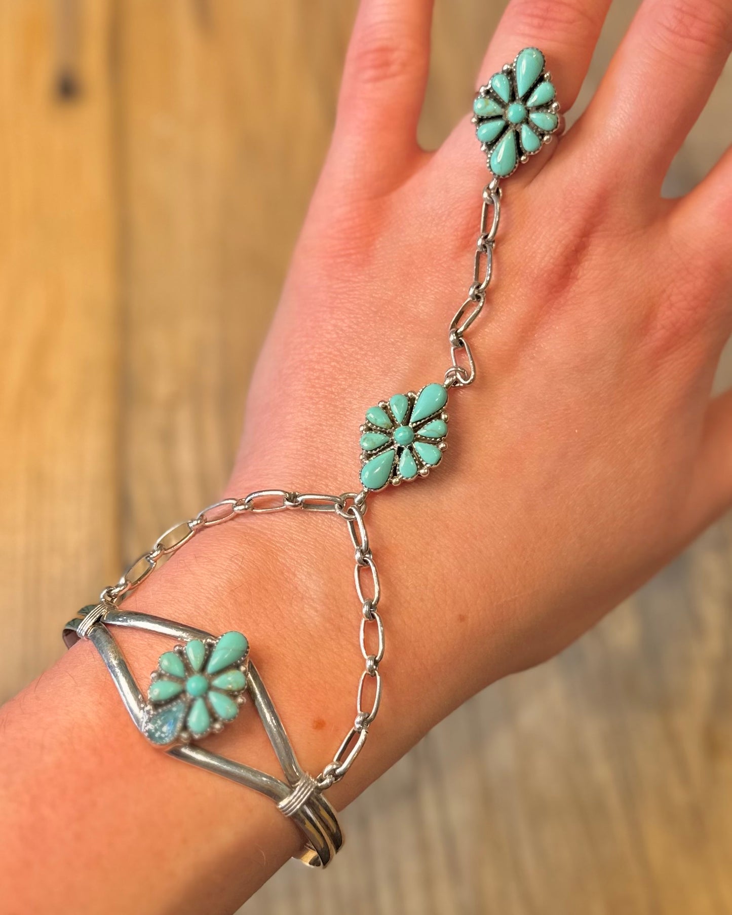 Vintage Native American Turquoise and Blue Topaz 925 Sterling Silver Adjustable Size N1/2 Ring Bracelet Bangle