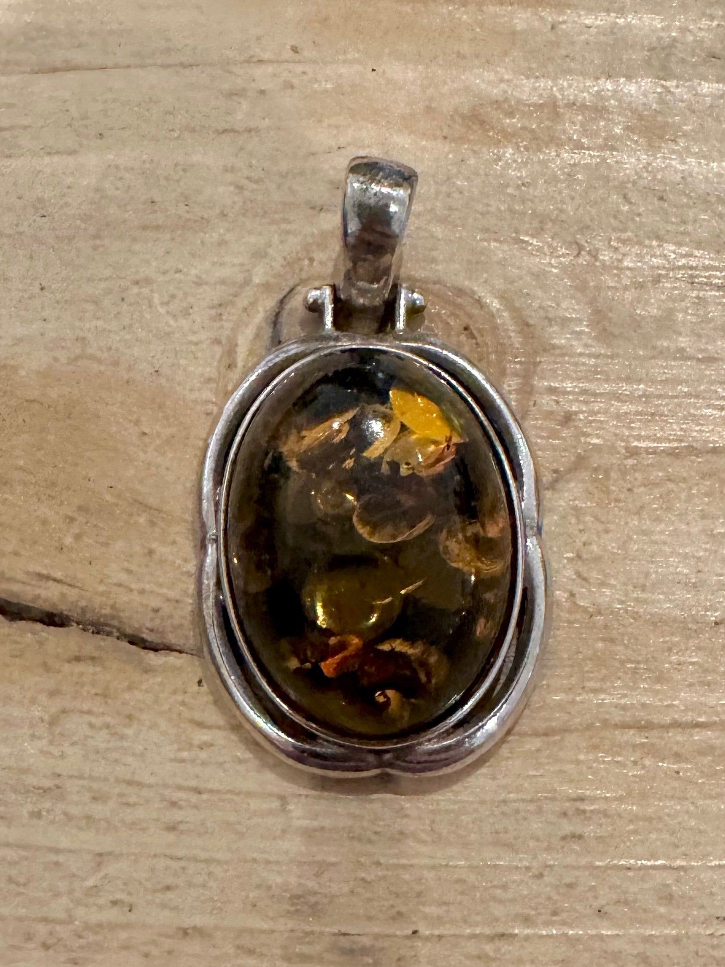 Vintage Green Amber Oval 925 Silver Pendant