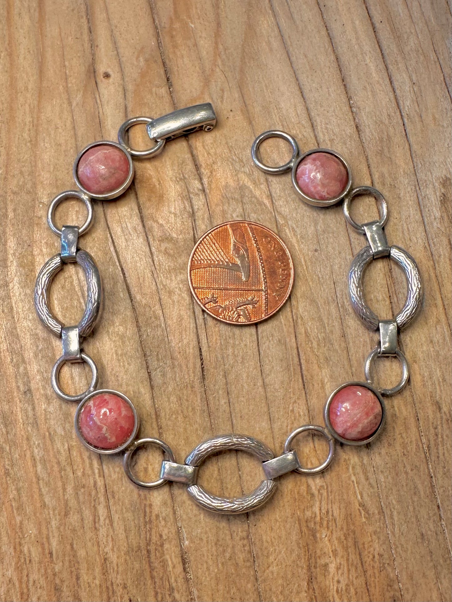 Abstract Rhodochrosite Oval Links 925 Sterling Silver 7.5 inch Bracelet