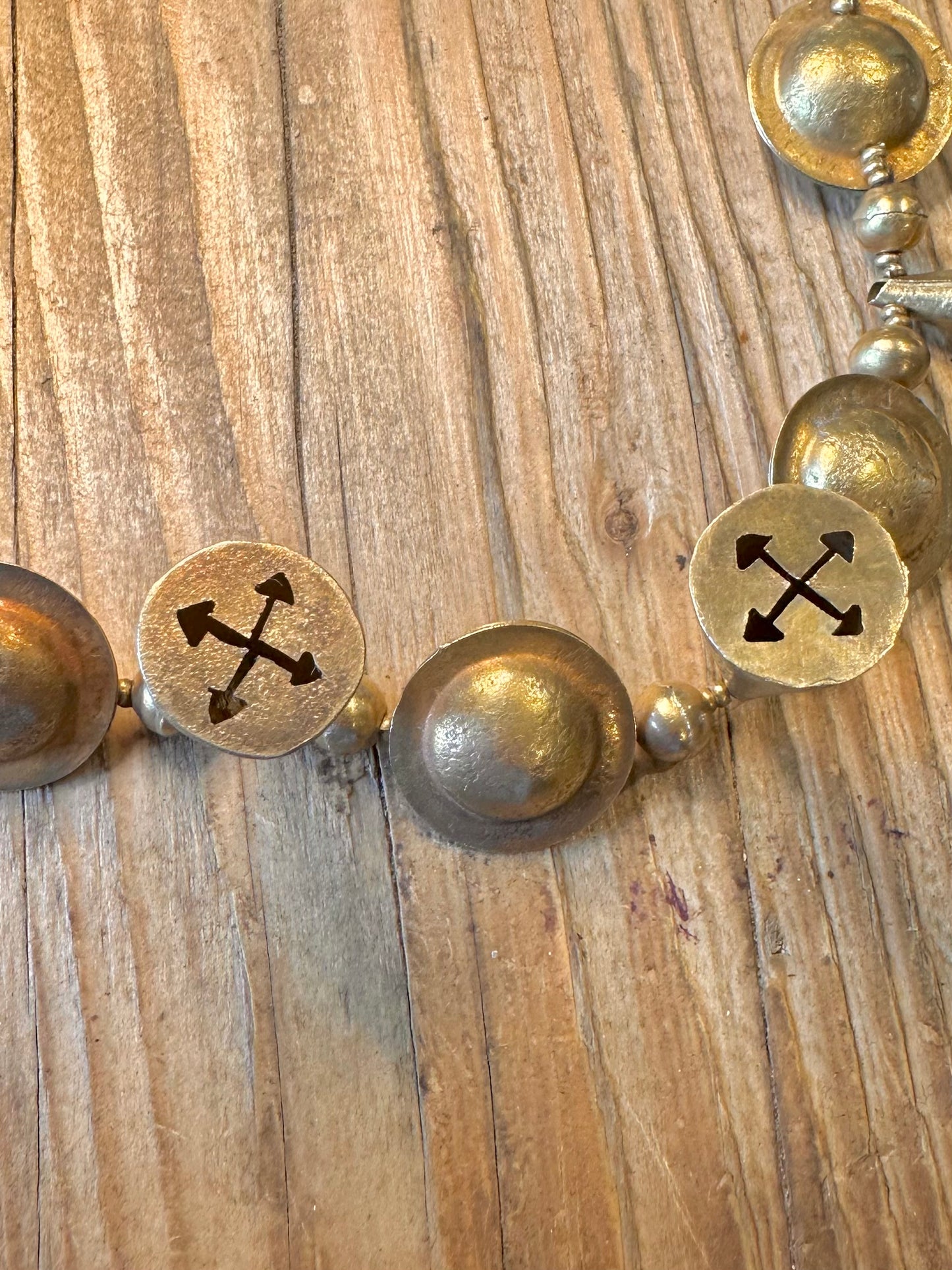 Etruscan Revival Disc and Cone Arrow Gold on 925 Sterling Silver Clear Bead String 17.8 inch Necklace