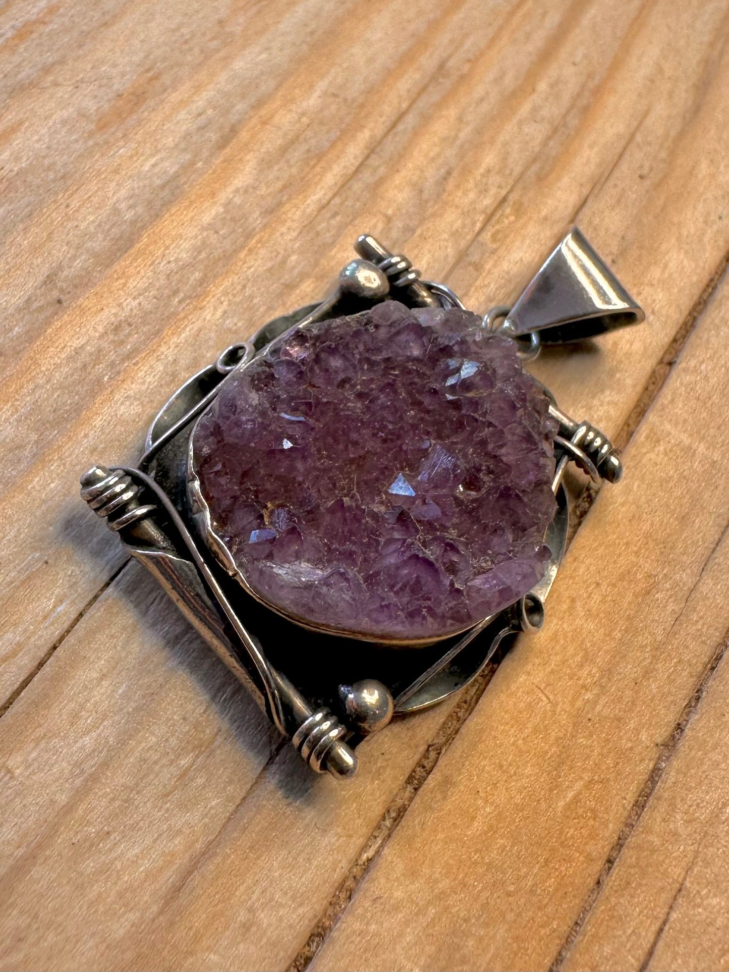 Vintage Abstract Raw Amethyst 925 Silver Pendant