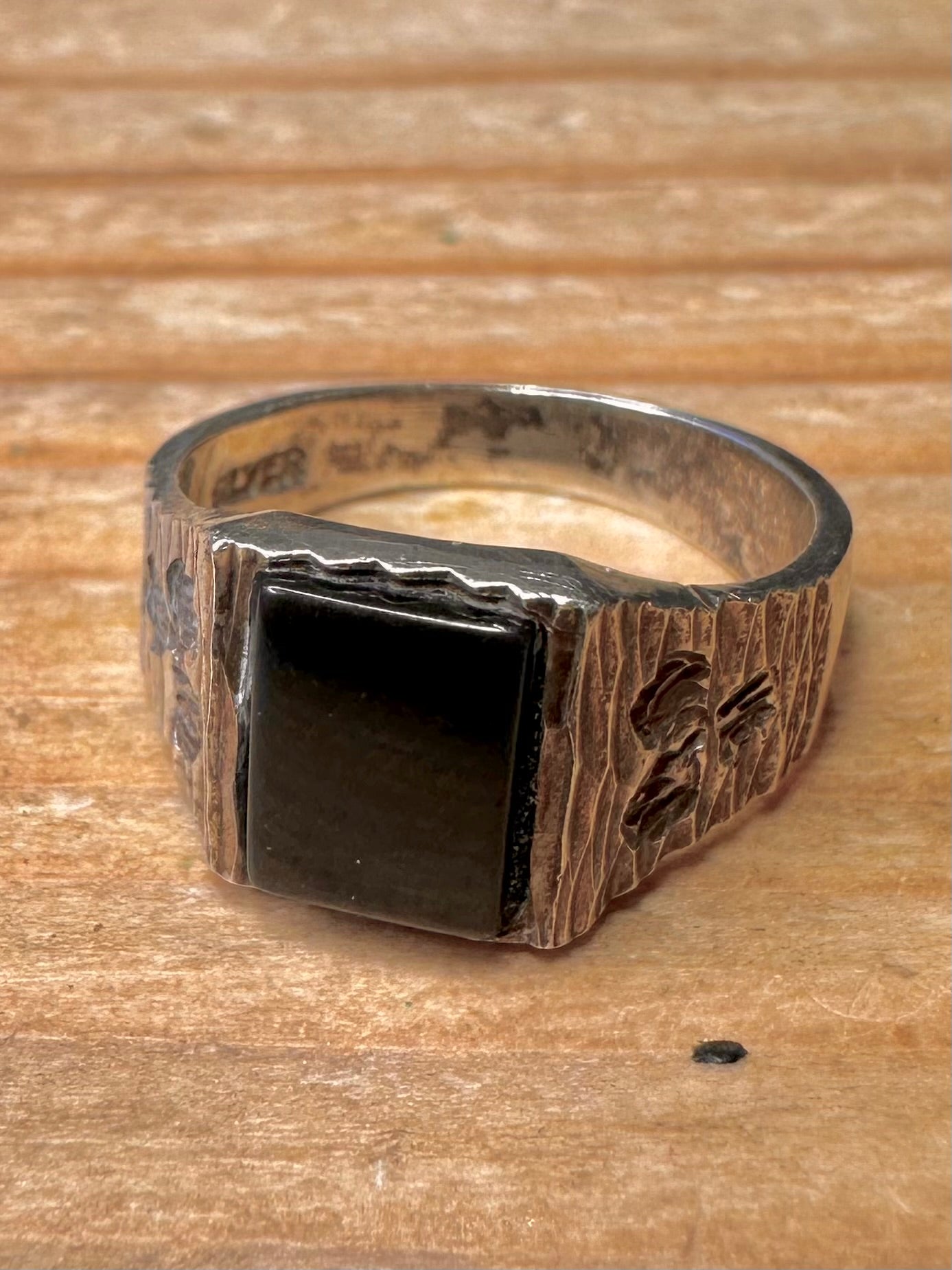 Vintage Onyx Textured Signet 925 Sterling Silver Size K Ring