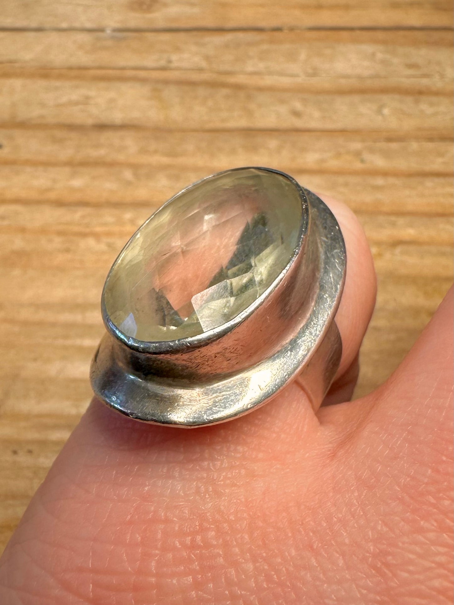 Vintage Faceted Greenish Quarts 925 Sterling Silver Size N Ring