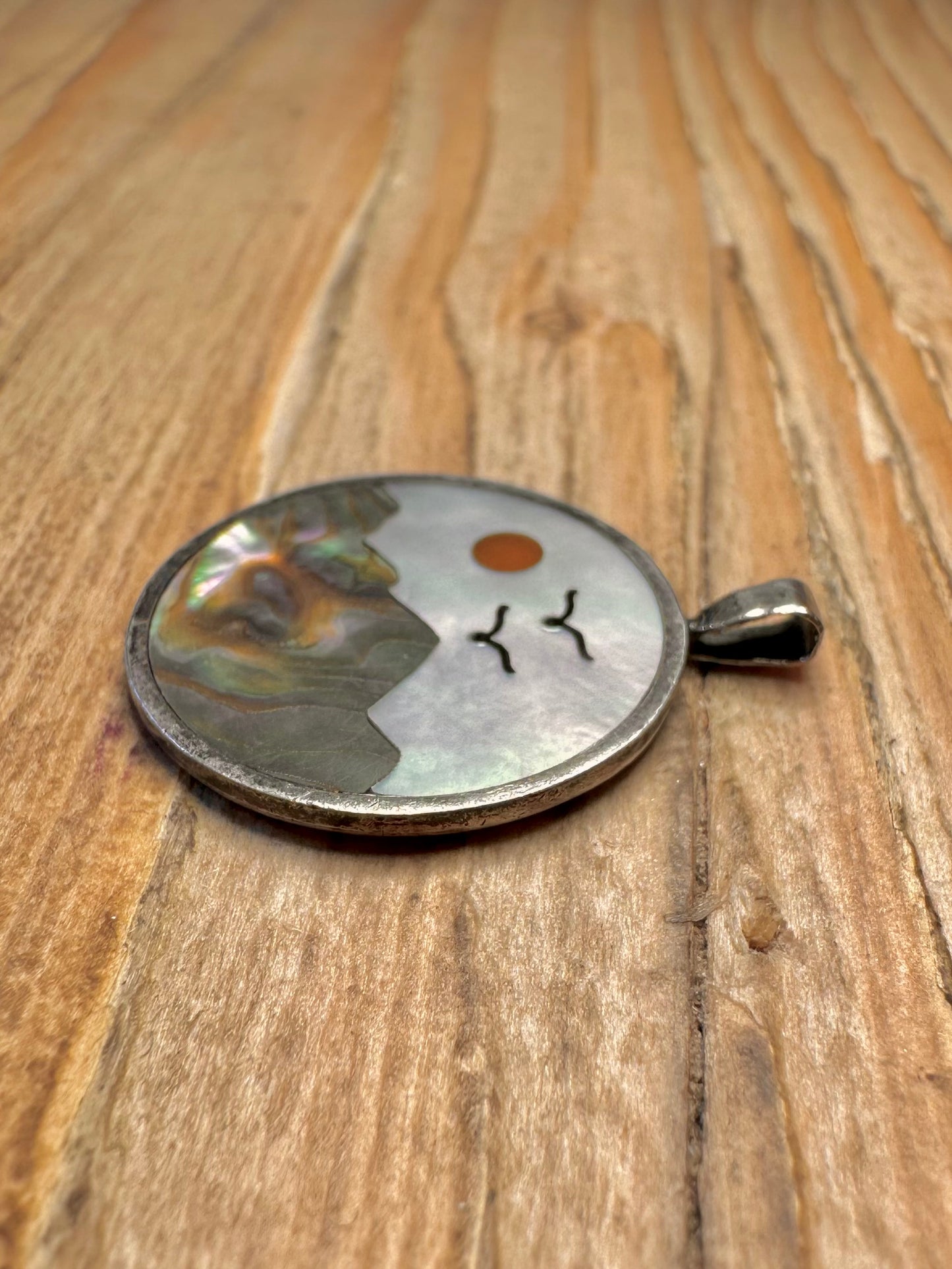 Vintage Mother of Pearl and Abalone Inlay 925 Sterling Silver Pendant