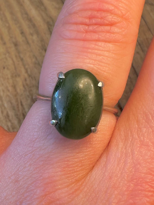 Nephrite Jade Oval 925 Sterling Silver Size O1/2 Ring