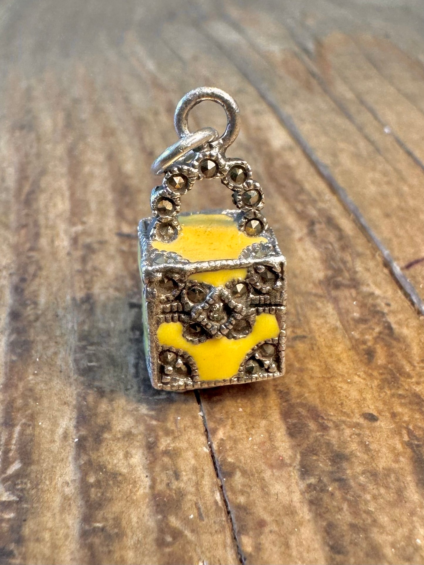Yellow Enamel Marcasite Box Style 925 Sterling Silver Charm Pendant