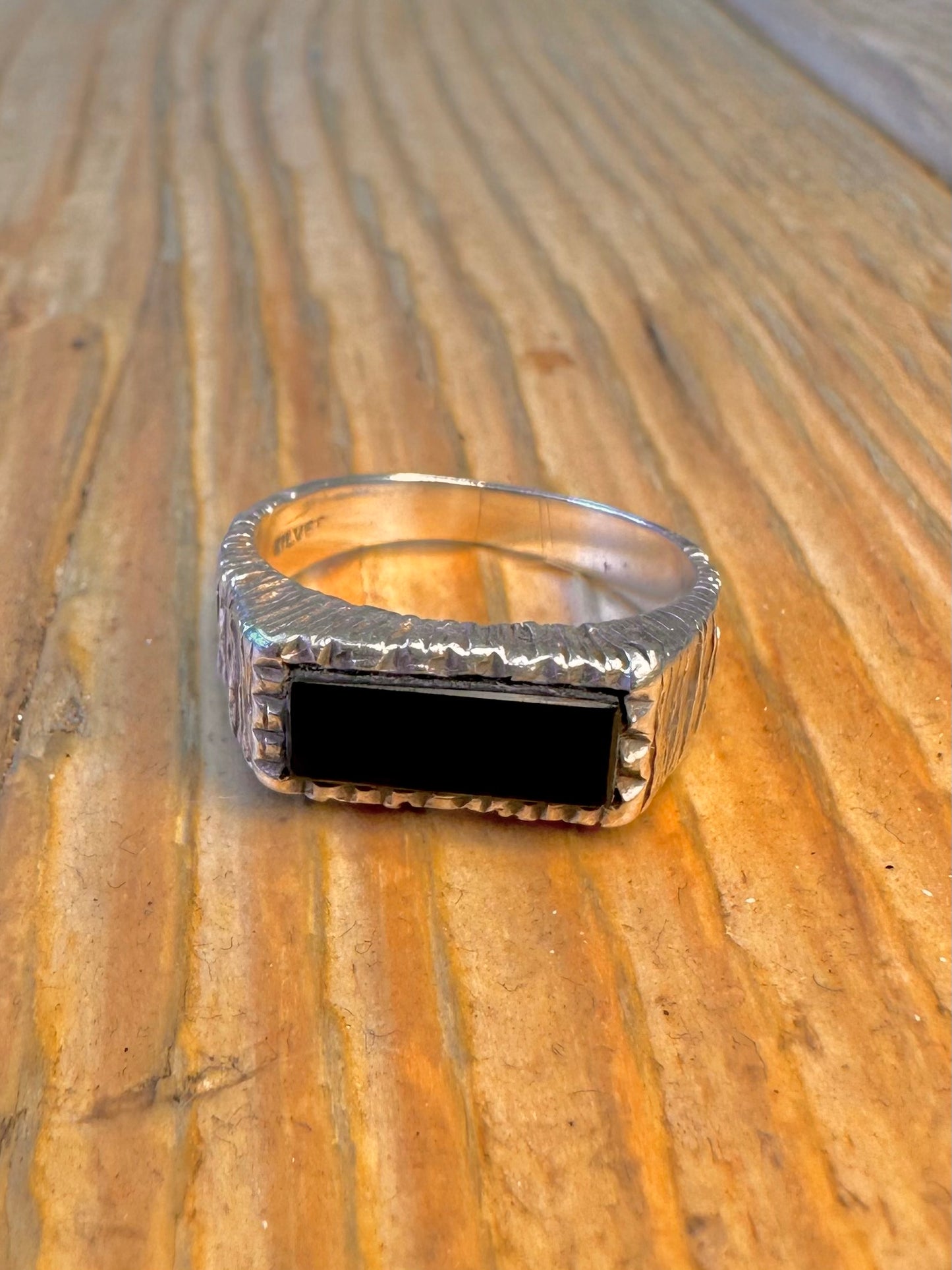 Onyx Bark Effect 925 Sterling Silver Size O1/2 Ring