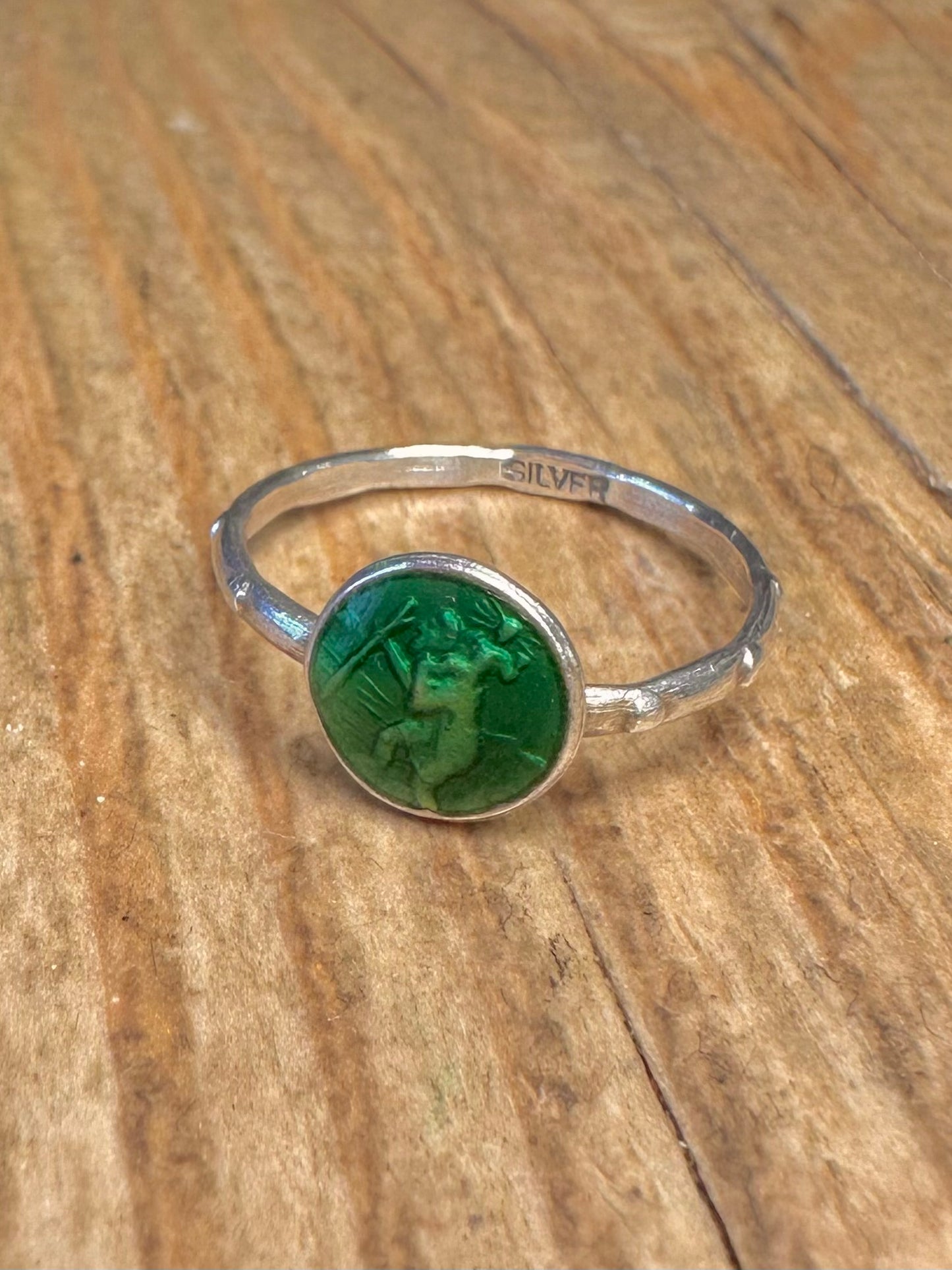 Vintage Green Enamel St Christopher 925 Sterling Silver Size N1/2 Ring