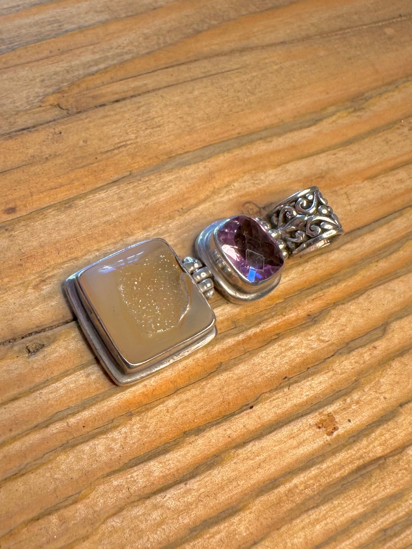 Purple Stone and Druzy Decorative 925 Sterling Silver Pendant