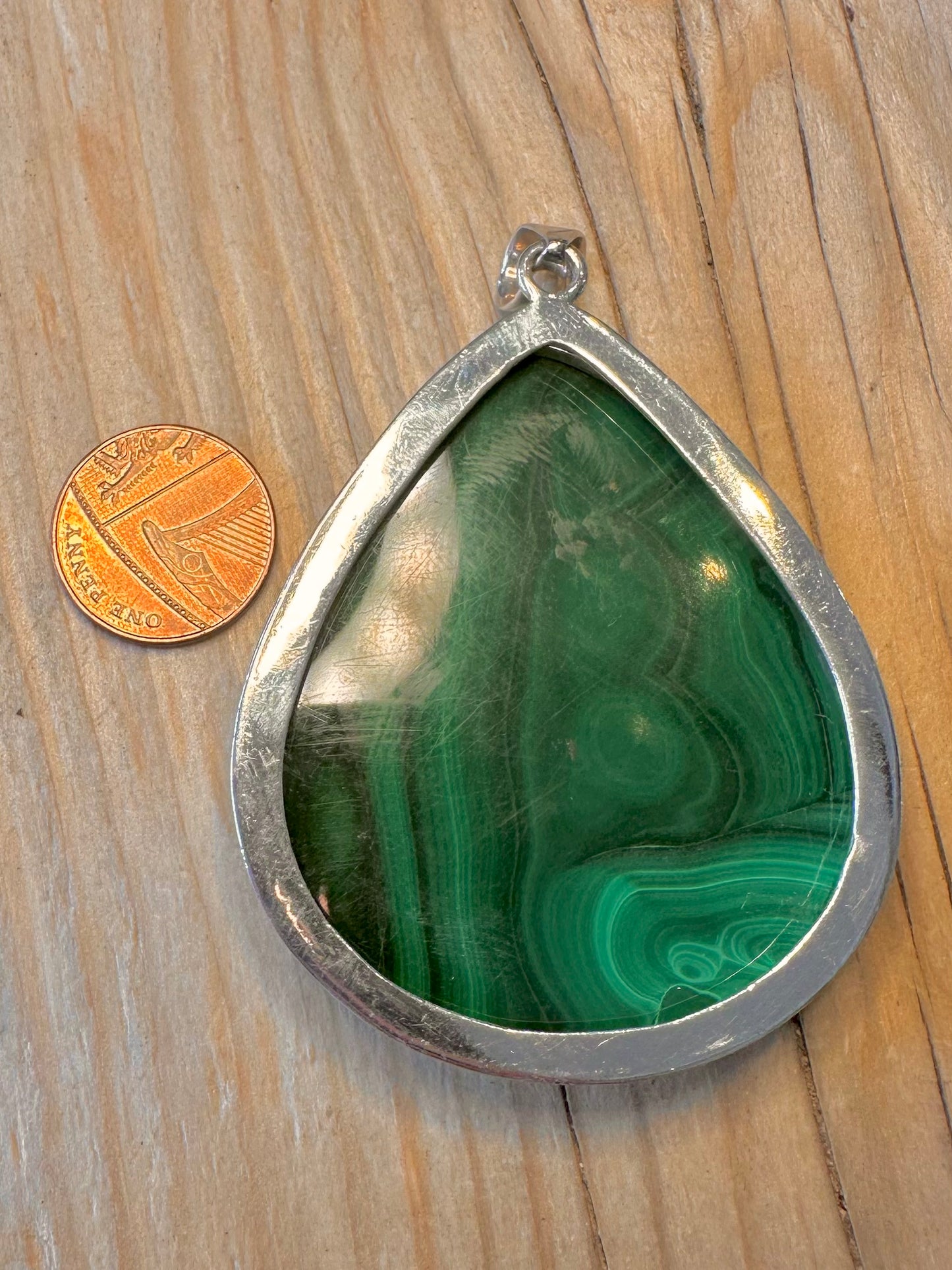 Vintage Large Malachite Triangle 925 Silver Pendant