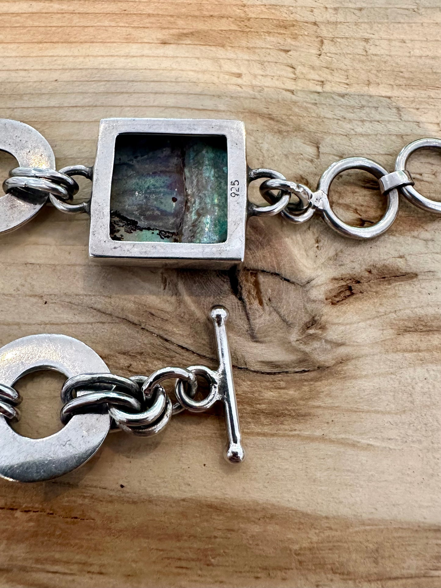 Abstract Abalone Square and Circle T Bar Clasp 925 Silver Bracelet