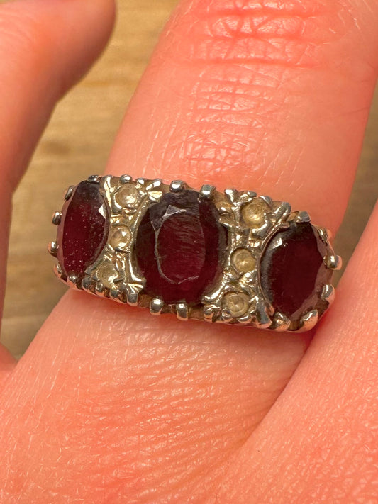 Vintage 1975 Garnet and White CZ 925 Silver Size P Ring